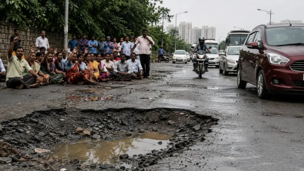 Pothole Protest Disrupts Traffic on Imlibun–Puranapul Road in Hyderabad